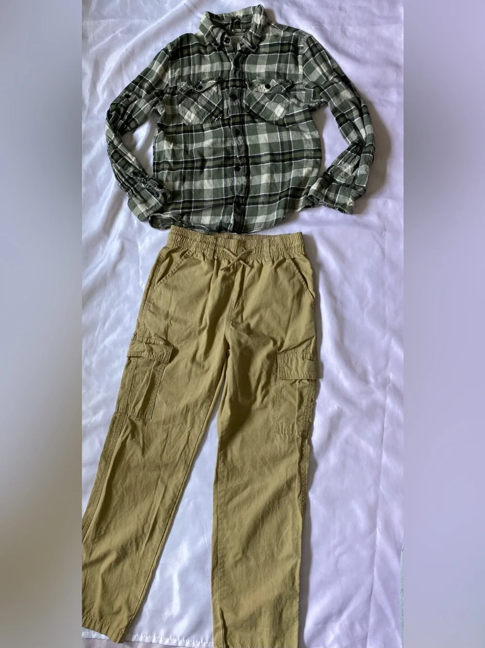 The Children's Place Khaki Cargo Pants with Olive Green Plaid Shirt
